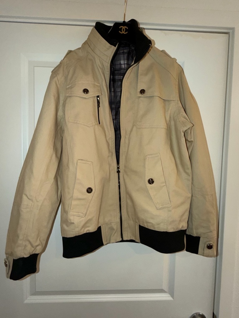 Men's Beige Bomber Jacket with Rib Trim